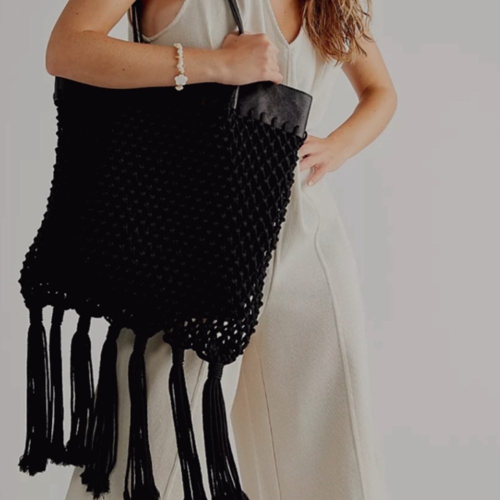 Free People Black Macrame/Crochet Fringe and Leather Hobo Bag - Picture 2 of 6